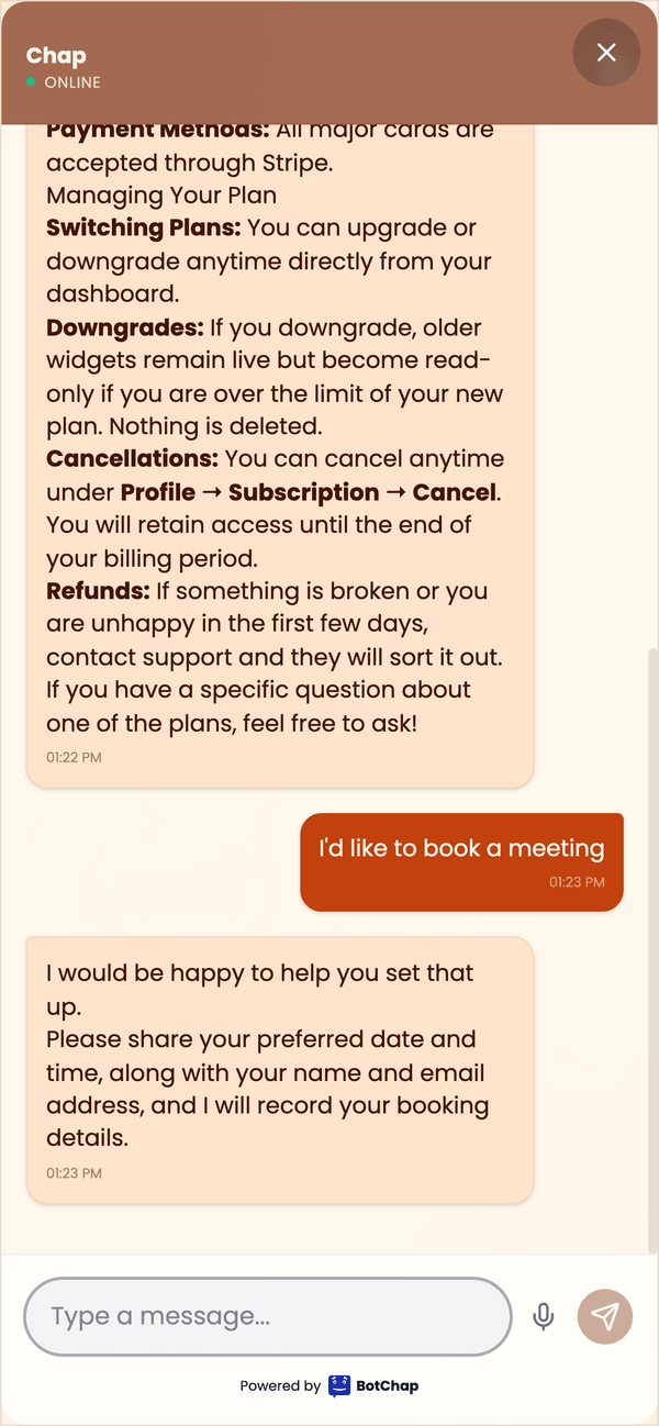 A BotChap chat helping a customer book a meeting on a phone