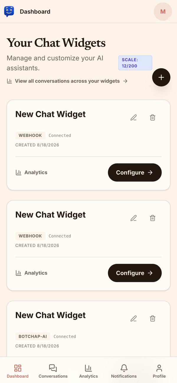 BotChap app dashboard listing your chat widgets